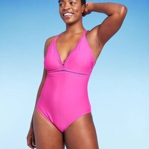 Kona Sol  Crochet Trim V Neck One Piece Swimsuit Magenta Pink Women's Size‎ L